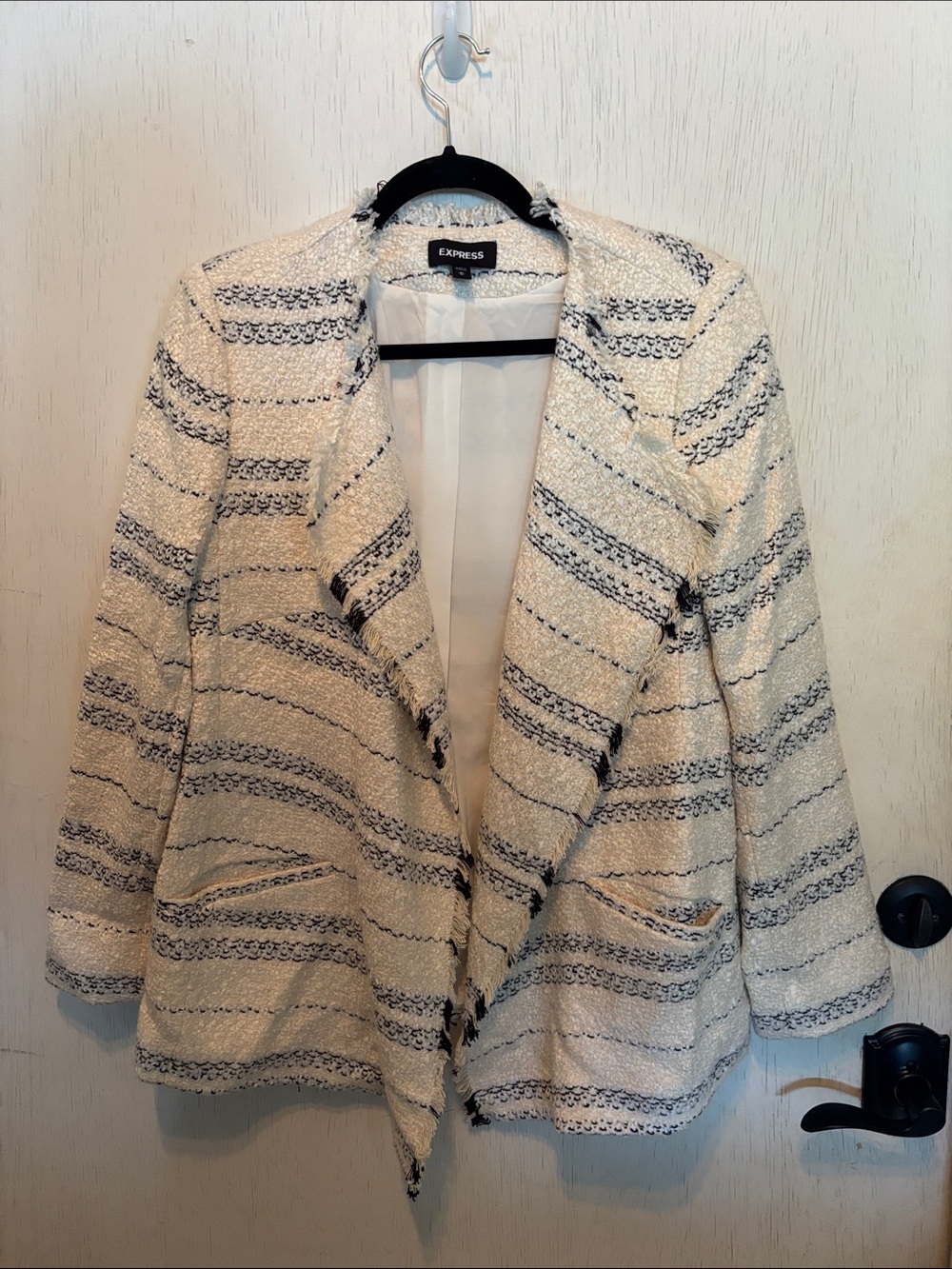 Express Cream and Navy Striped Bouclé Blazer